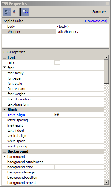 Figure 24: The CSS Properties window displays all of the CSS properties for the selected item.