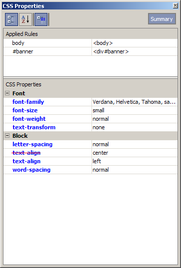 Figure 25: The CSS Properties Summary provides a list of properties that are applied to the selected element. 