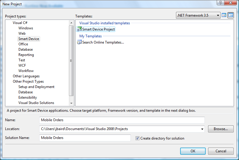 Figure 1: Smart device project selection in Visual Studio 2008.