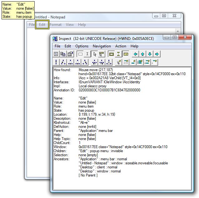 Figure 5: The Inspect tool UI queries Notepad.