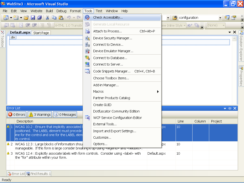 Figure 1: The accessibility checker in Visual Studio 2008 analyzes Web pages and displays results.