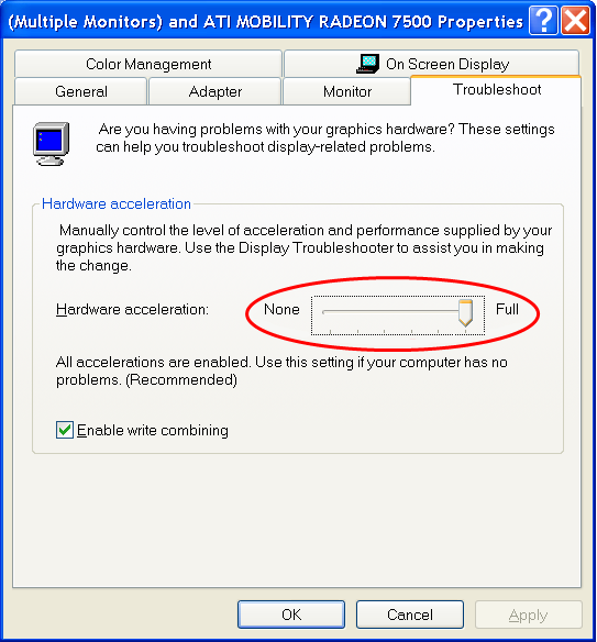 Figure 3: The hardware acceleration slider lets you disable hardware acceleration in Windows XP.