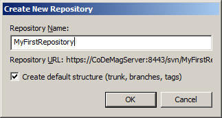 Figure 3: VisualSVN Server new repository dialog box.
