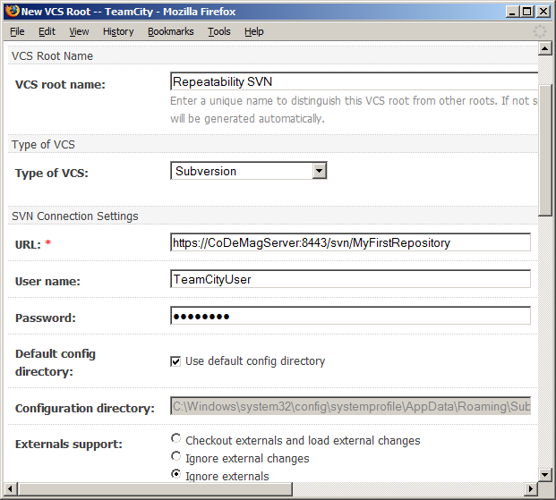 Figure 9: Configuring TeamCity’s connection to the Subversion server.