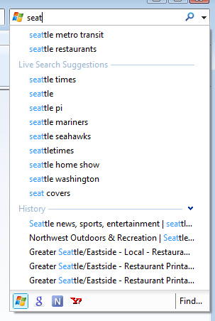 Figure 1: Internet Explorer's new search box dropdown. At the top of the dropdown are previously typed search terms. The next section contains the search suggestions, after which are history results, and finally at the bottom is the QuickPick menu. 