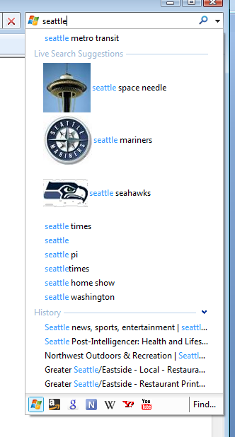 Figure 2: The search box showing some visual suggestions. These visual suggestions highlight particularly valuable suggestions like the Space Needle, the Mariners and the Seahawks. 