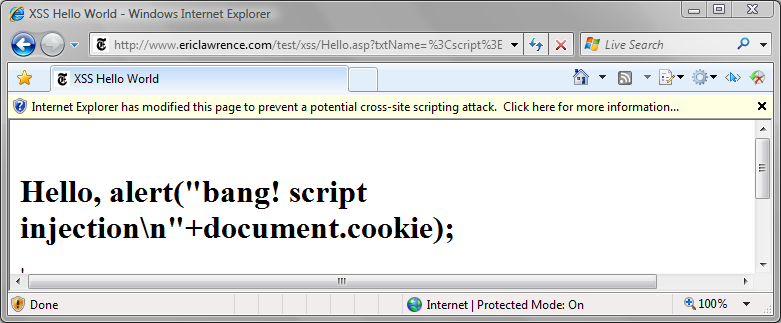 Figure 1: An Information Bar alerts users when the XSS Filter modifies a page.