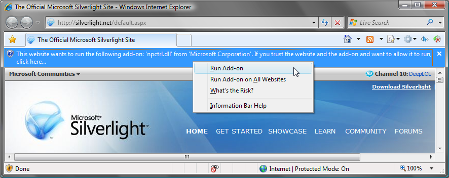 Figure 4: The Per-Site ActiveX information bar allows users to choose where an add-on may run.