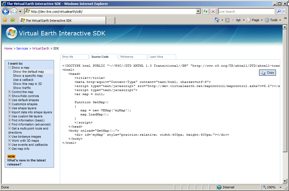 Figure 3: The Virtual Earth Interactive SDK provides JavaScript source code to learn from.