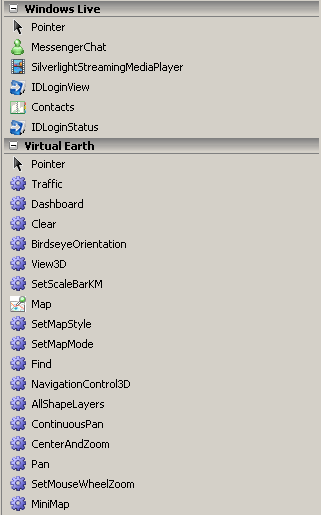 Figure 7:  The Visual Studio Toolbox with the Windows Live and Virtual Earth tabs expanded.