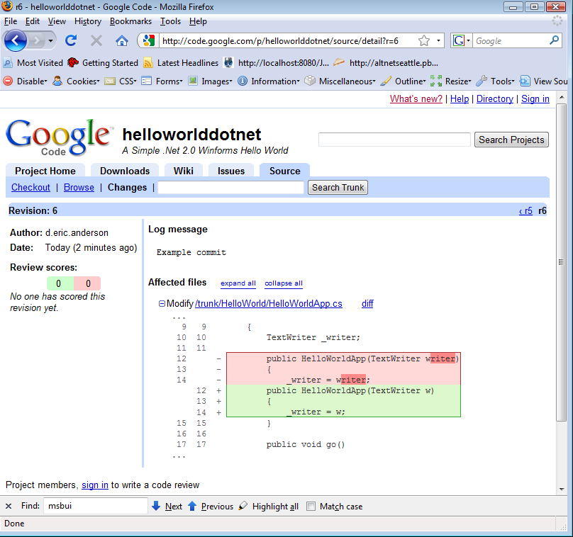 Figure 4:  Google Code changes are linked in directly from the Hudson build.