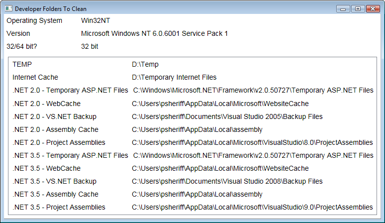 Figure 1: List of folders to clean up on Windows Vista.
