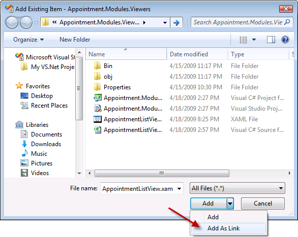 Figure 3: Adding a file to a project as a link in Visual Studio.