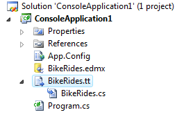 Figure 2: This highlighted T4 template controls the code generation for the BikeRides.edmx model.