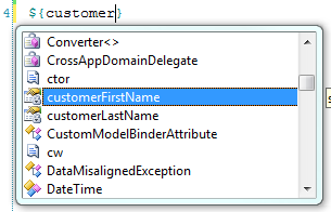 Figure 1: Spark IntelliSense displaying that the variables customerFirstName and customerLastName are locally typed variables.