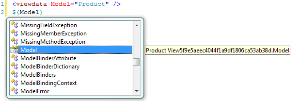 Figure 3: Note the IntelliSense on the right displaying that the Model is of type “Product”.
