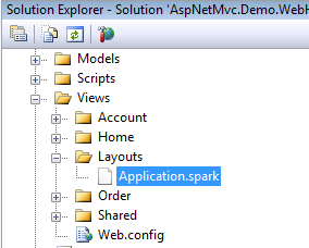 Figure 4: The addition of the Layouts directory in the Views folder with the Application.spark master layout.  