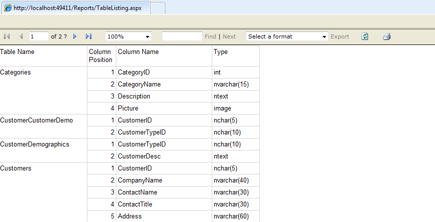 Figure 12: The Table Listing Report, this time hosted in an ASP.NET Web Form launched from an ASP.NET MVC view.