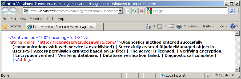 Figure 2: The browser-based diagnostics contain text descriptions of errors. This figure shows a database error, but offers no further details.