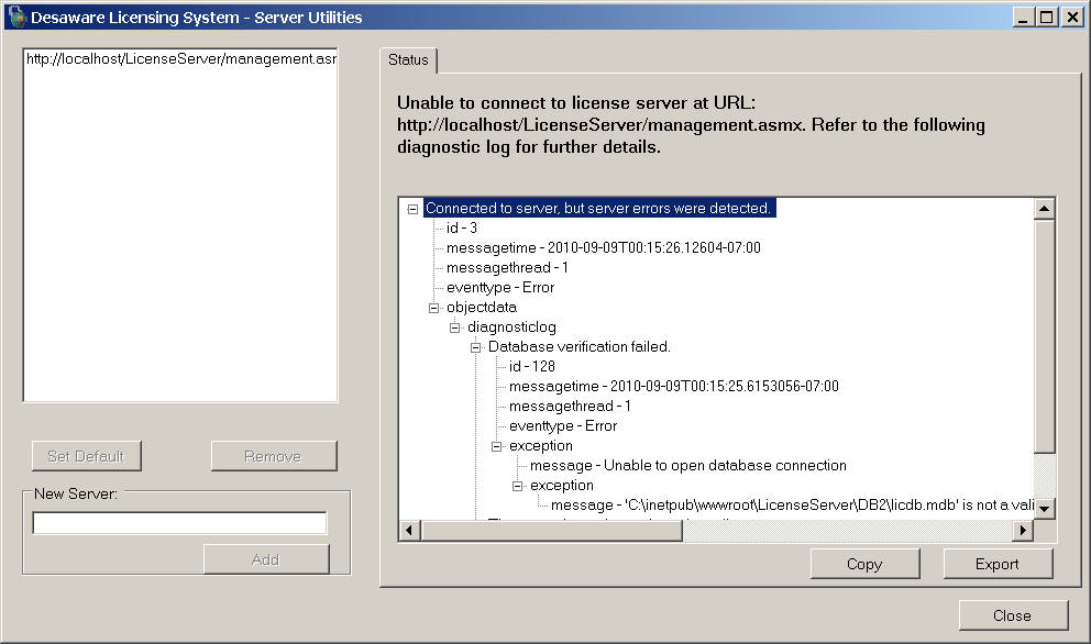 Figure 3: Version 2 captures all diagnostic data internally using a custom diagnostic object and listener that can serialize the results into XML and forward it to the client. The license manager software makes it possible to drill down to see the original exception that led to the database error - in this case a missing file.
