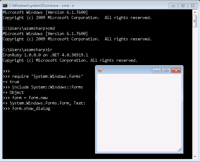 Figure 1: Screen shot showing IronRuby interacting with >NET Windows Forms API.