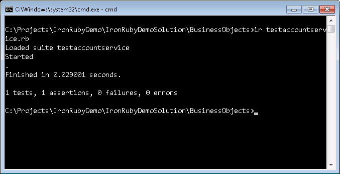 Figure 3: Unit test executed from command line using IronRuby.