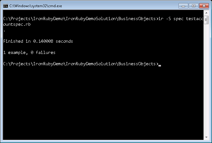 Figure 4: IronRuby using RSpec to execute tests against a CLR assembly.
