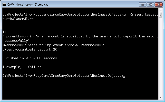 Figure 6: Error thrown by WatiN when using the default constructor with URL parameter. 