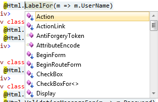 Figure 3: IntelliSense support for the Razor view engine. 