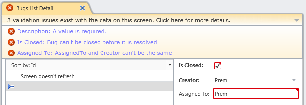 Figure 6:  The default LightSwitch validation summary viewer is displayed at the top of screens.