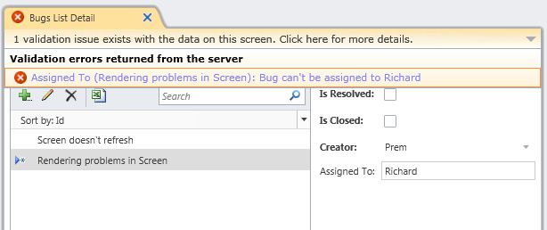 Figure 9:  Server validation errors display in the summary viewer at the top of the screen after a save is attempted.