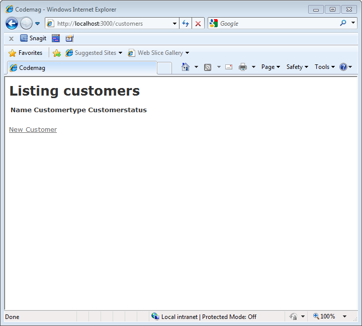 Figure 5: Customer listing page generated by the Rails scaffold generator.