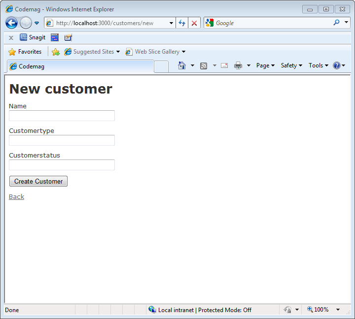 Figure 6: New customer screen generated by the Rails generator.