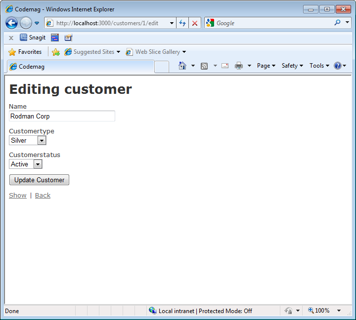 Figure 12: Customer screen with drop-down lists displayed.