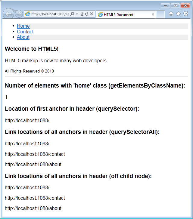 Figure 16: Results of calls to the new Selection API in the example HTML page.