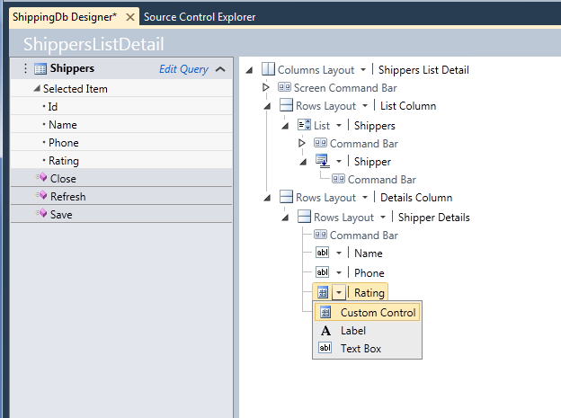 Figure 2: Using a custom control to display the Shipper’s Rating property.