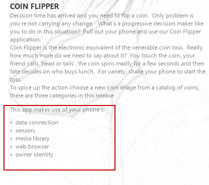Figure 1: Coin Flipper application page on Zune Marketplace.