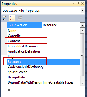 Figure 5: Content and Resource Build Actions.