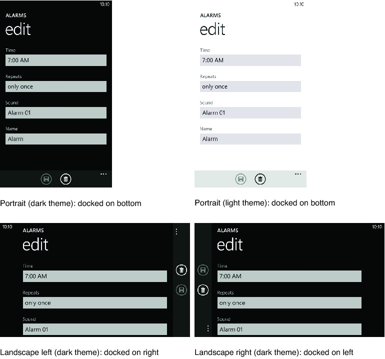 FIGURE 2.1  An application bar in action, seen in the dark and light themes and in all orientations.