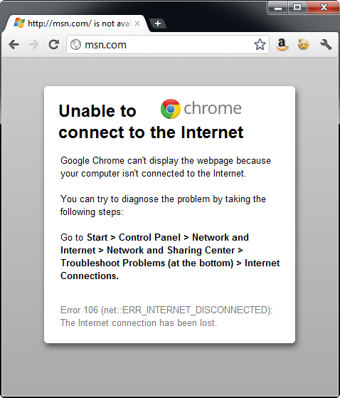 Figure 1: Undesireable results often occur when a user attepts to load a web page when a connection to the Internet is not available.