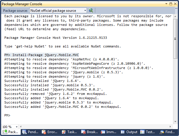 Figure 7: Package Manager Console output from installing the jQuery.Mobile.MVC package.