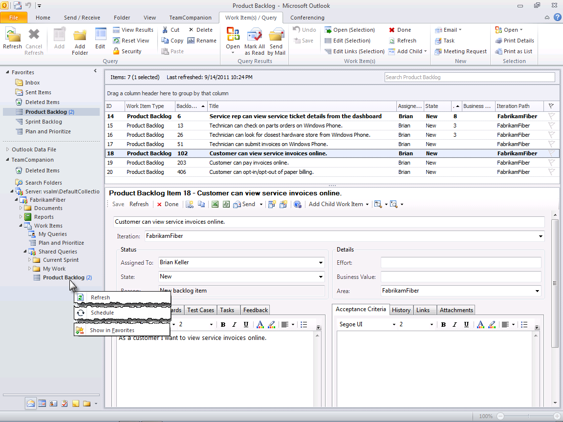 Figure 1: Work item queries added to the Faborites folder with one of them scheduled and showing two changed work items.