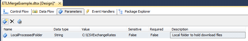 Figure 4: The new tab in the SSIS package editor defines package parameters.