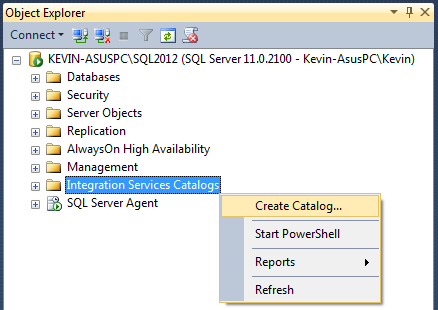 Figure 12: You must create a new SSIS Database Catalog before deploying SSIS Projects.