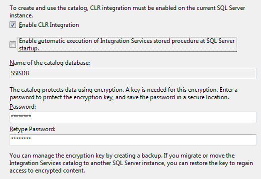 Figure 13: To Create SSIS Database Catalog, you must enable CLR integration and provide a password.