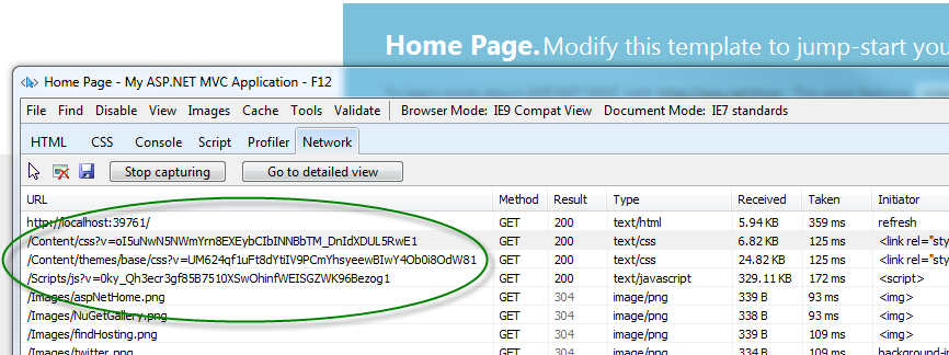Figure 3: The network view lists the bundled and minified CSS and JS files (with a query string parameter that is explained in the next section).