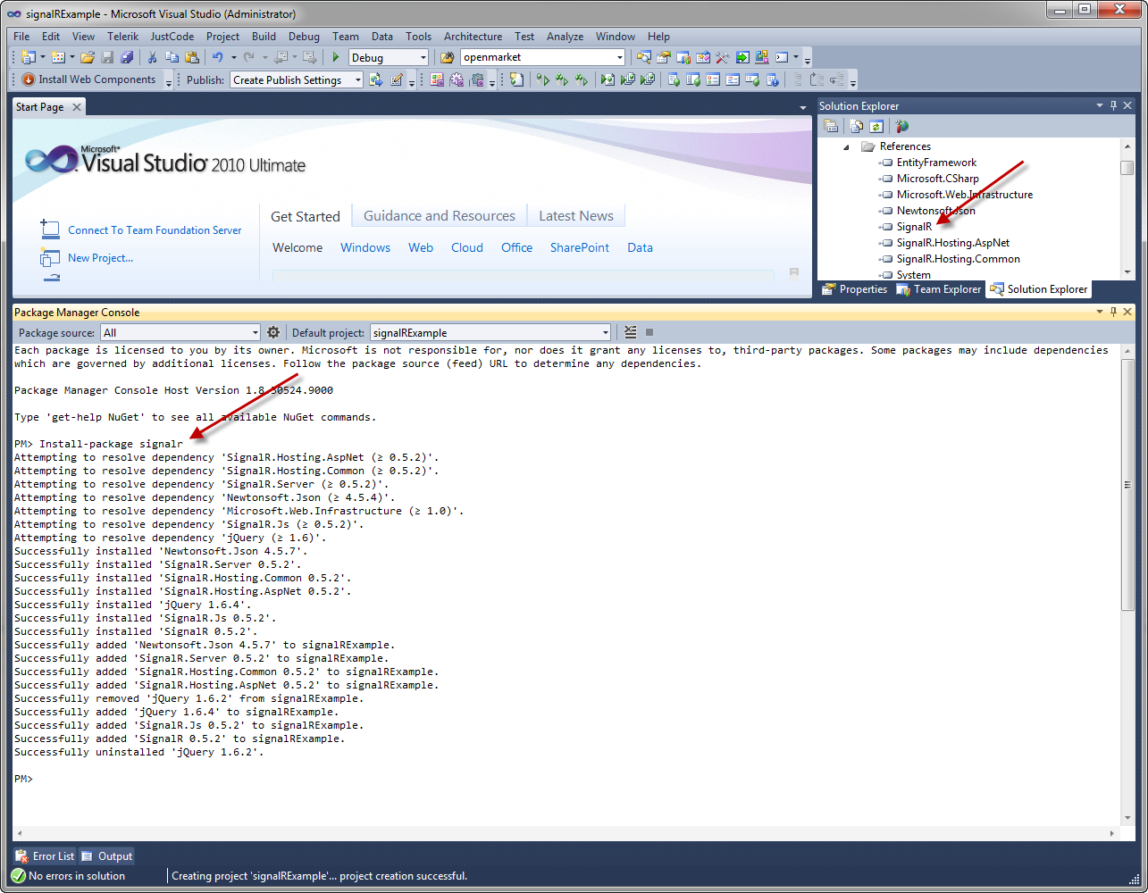 Figure 1: SignalR NuGet Package installation using the NuGet Package Manager Console.
