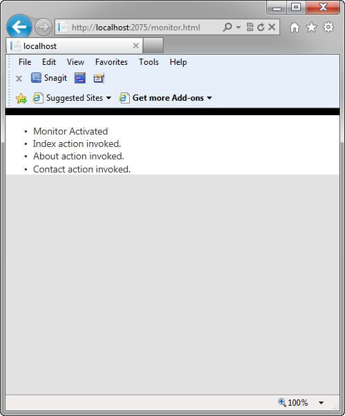 Figure 3: The monitor.html displaying messages sent from Home Controller Actions.