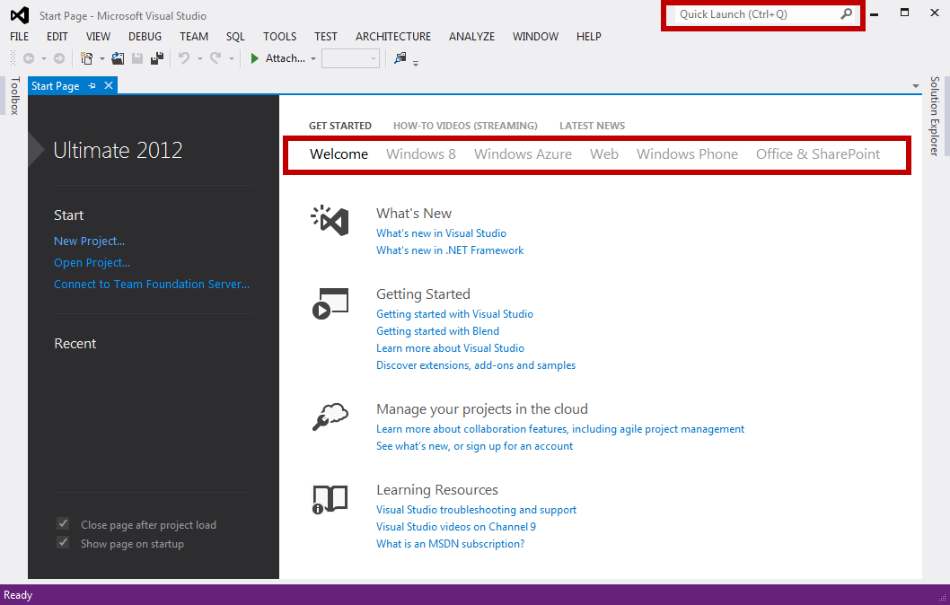 Figure 1: The opening screen in Visual Studio 2012 looks updated from the previous version.