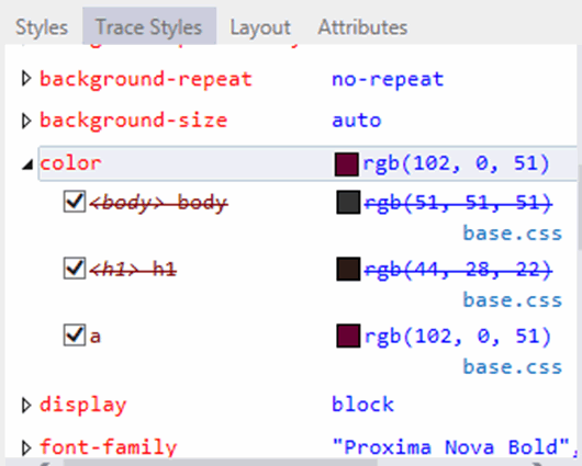 Figure 6: The Trace Styles tab displays CSS properties for the selected element.